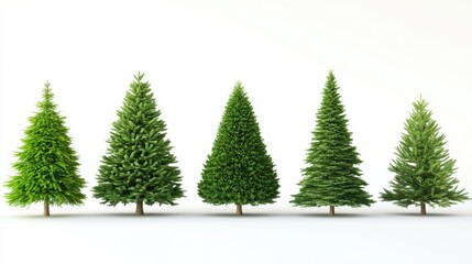 Fototapeta premium A variety of evergreen trees displayed in a row with different shapes and sizes against a plain white background