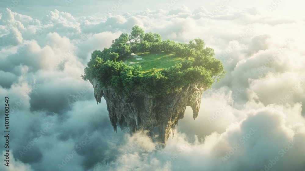 Aufkleber a surreal 3d render of a floating green island surrounded by clouds and illuminated by soft sunlight