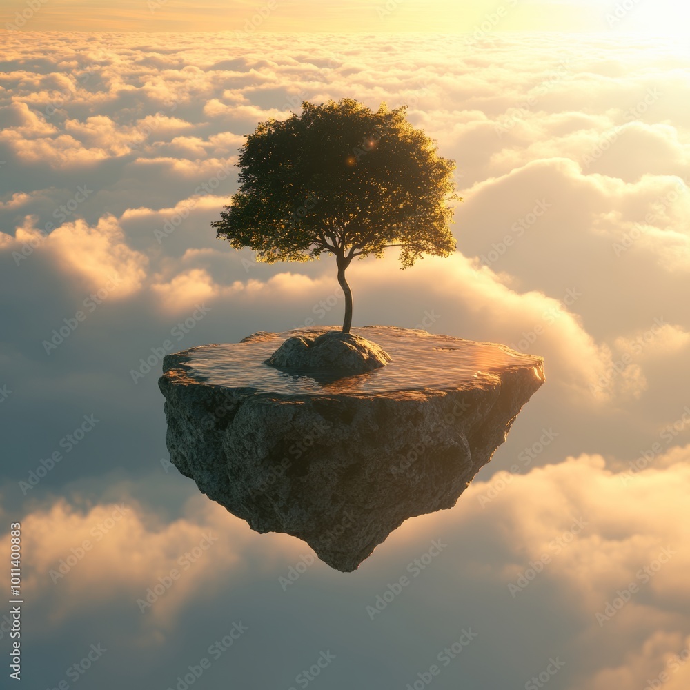 Poster a surreal 3d render of a floating island with a tree and small rock, surrounded by bright clouds and
