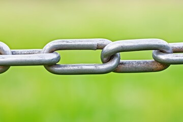 Close-up of a metal chain against a blurred green background.
