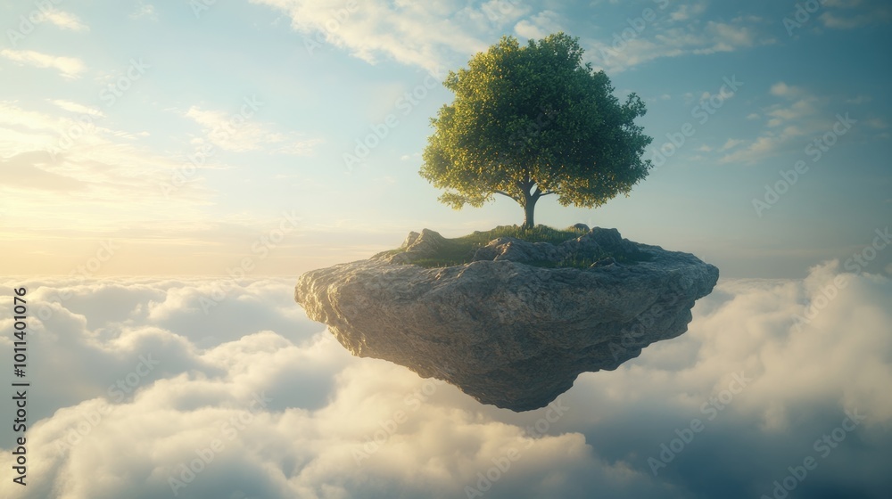 Poster a surreal 3d scene of a floating island with a tree and rocks, surrounded by clouds and soft sunligh