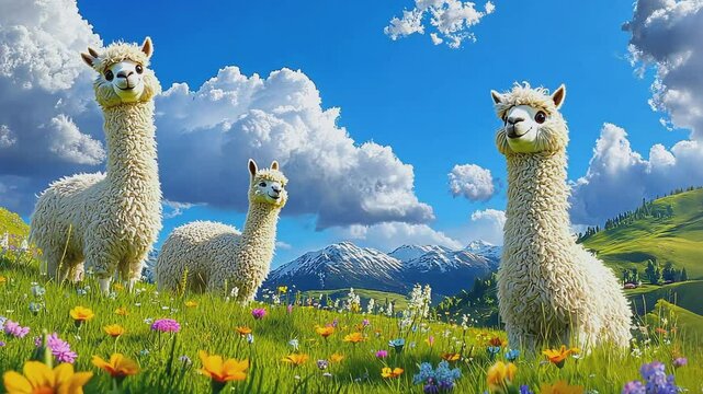 Three llamas in a vibrant flower-filled meadow under a clear blue sky with mountains.