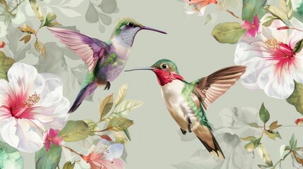 Two colorful hummingbirds in a floral garden setting with lush flowers and leaves in soft pastel tones