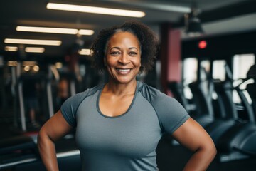 Fototapeta premium Smiling portrait of a slightly overweight African American woman in gym