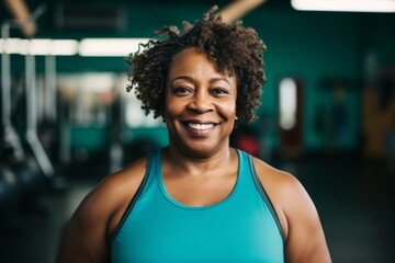 Smiling portrait of a slightly overweight African American woman in gym