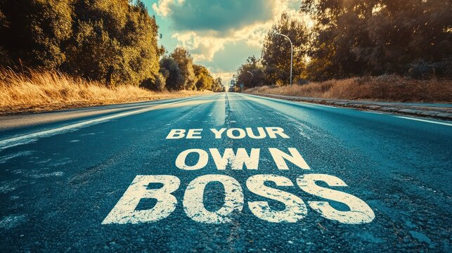 Inspirational quote "Be Your Own Boss" painted on an empty road stretching into the distance. - Powered by Adobe