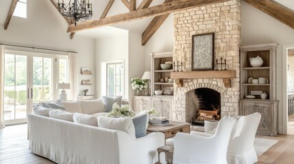 Luxe French country great room featuring a cathedral ceiling, stone fireplace, and natural linen sofa. Bright, airy ambiance with soft whites and blues, accented by dappled sunlight.