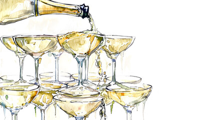 celebratory champagne cascade, watercolor drawing of champagne tower with cascading bubbles a festive wedding centerpiece for serving guests