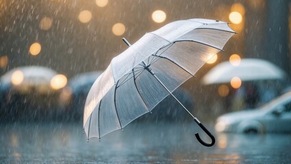 A transparent umbrella flies down the street in the rain, driven by the wind. In the background is a city landscape: cars and people with umbrellas with bokeh.
