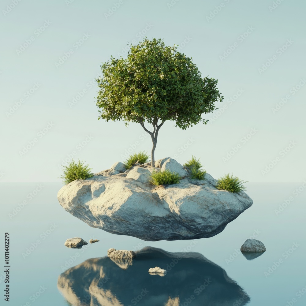 Poster a vibrant 3d render of a small floating island with a tree, bush, and scattered rocks, set under a c