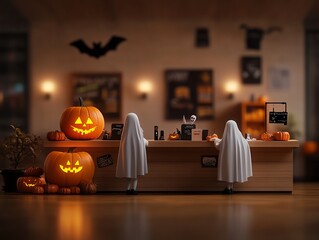 Cute miniature Halloween scene with ghost costumes and pumpkin lanterns on a cozy bar counter, perfect for festive ambiance.