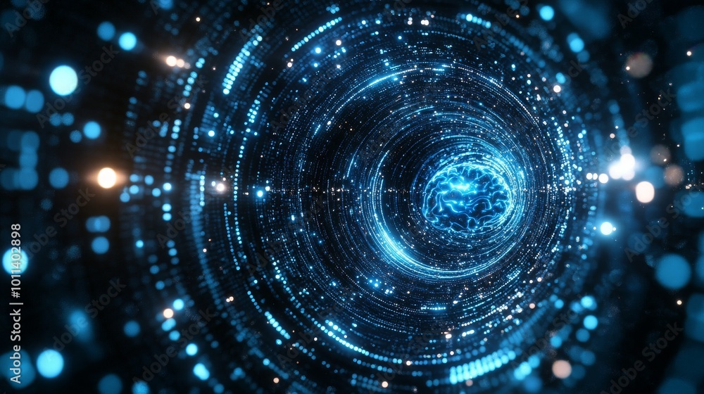 Poster the blue digital brain logo is combined with a rotating hud circle technology interface, futuristic 