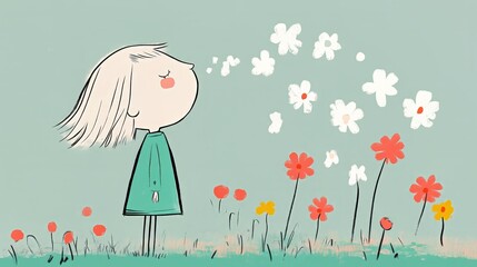 A simple and charming illustration of a child standing in a green wildflower meadow, looking at the fluttering flowers. Perfect for conveying the innocence, nature and joy of childhood