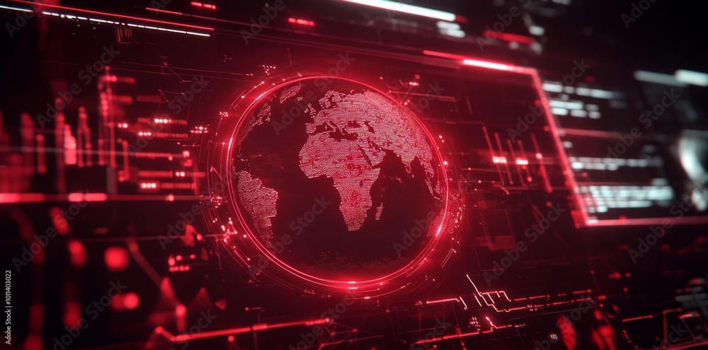 Poster 3d rendering of abstract global data stats on a dark technological background with a world map at th