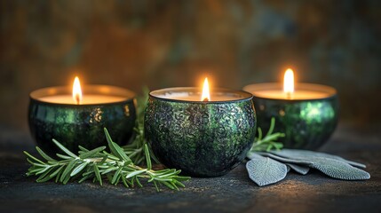 Elegant green candles with rosemary and sage evoke a serene ambiance. Perfect for relaxation, meditation, and home decor inspiration.