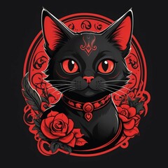 Fun cartoon style cat tattoo in black and red colour 