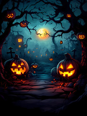 Fototapeta premium Halloween Jack-O'-Lantern with Burning Candles in Spooky Forest and Graveyard Under Full Moon