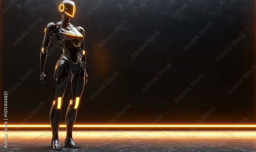 Poster humanoid robot standing on futuristic background. cybernetic organism works in augmented reality wit
