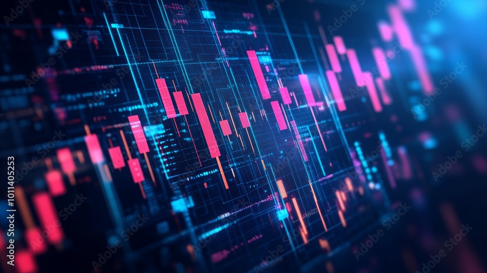 Poster icon of a blue money and data matrix simulation digital grid line on a blue background with futurist