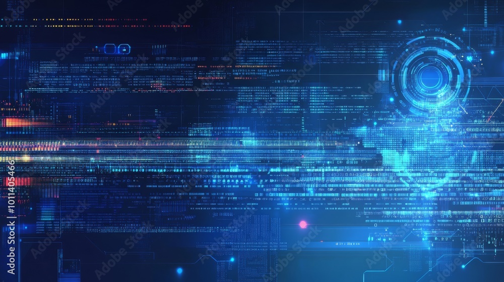Aufkleber with futuristic hud screen on abstract background, blue data matrix simulation is displayed with dig
