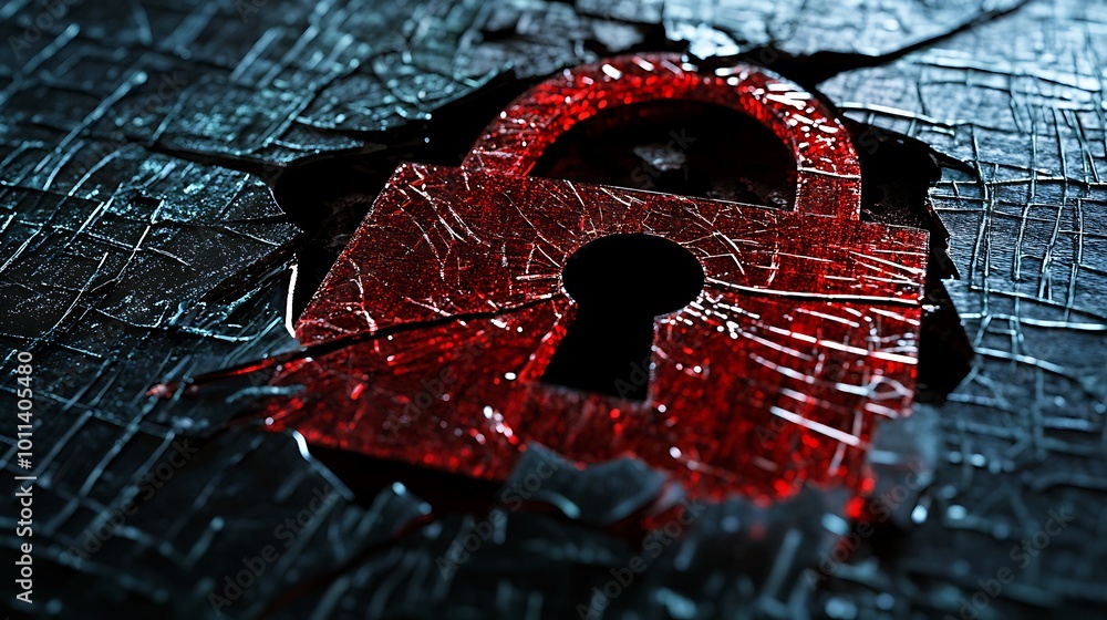 Poster a red padlock embedded in a cracked, dark surface, symbolizing security breach or vulnerability.