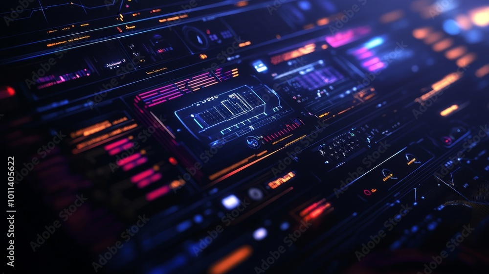Poster design of a futuristic gui for hud in a game. in-game interface for game. technology background info