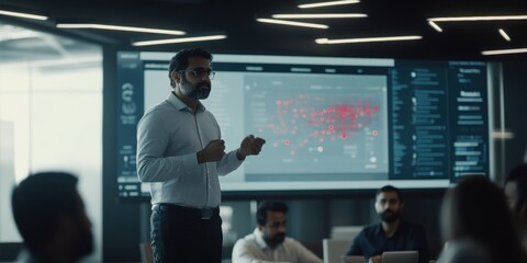 Asian man leading business presentation in front of large digital screen showing red data points and charts.