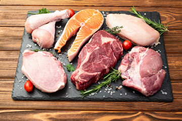 Mix of raw meat and fish . Salmon , beef , pork , chicken staek . Top view