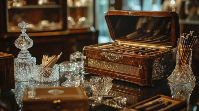 Artistic shot of a luxury cigar humidor, placed next to crystal ashtrays and vintage matchboxes, emphasizing high-end tobacco accessories.