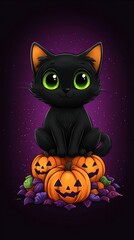 Fototapeta premium A cute black cat with big green eyes sits on top of jack-o'-lanterns against a purple background.