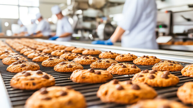Production of cookies in a modern food manufacturing facility. A streamlined assembly line where freshly baked cookies are being cooled, packaged, and prepared for distribution