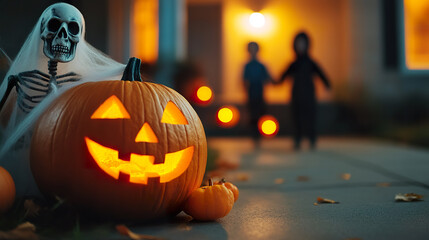 glowing jack o lantern sits on porch, surrounded by small pumpkins and skeleton decoration.