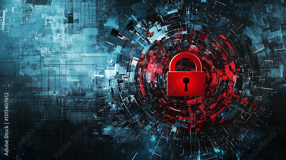 Poster abstract digital background with a red padlock in the center, representing cybersecurity, data prote