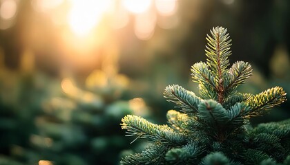 Close-up view of green pine tree branches with sunlight filtering through.
