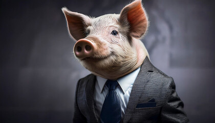 A pig wearing a suit with a tie