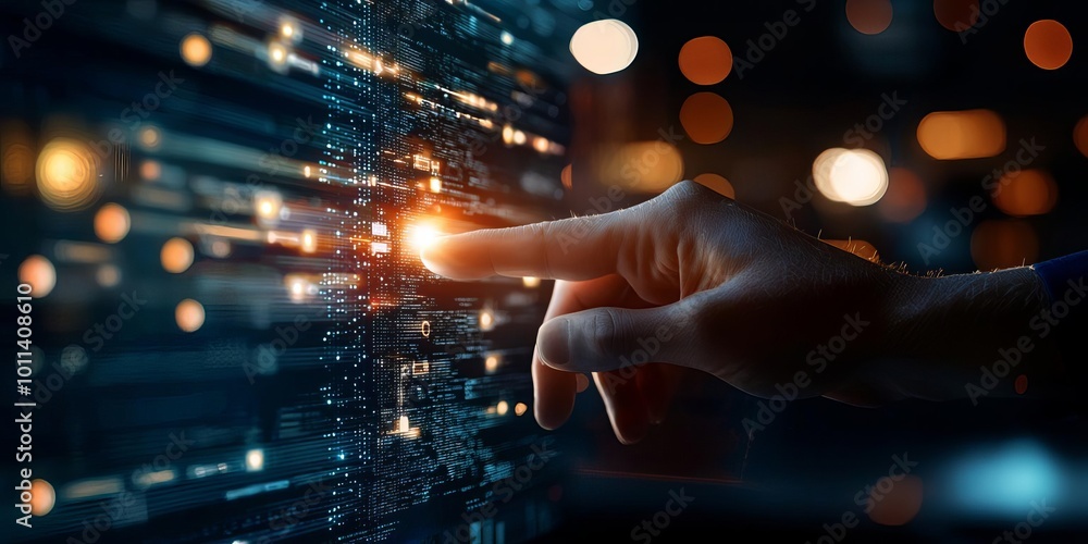 Poster hand touching digital interface with glowing elements