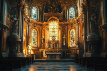 Obraz premium A quiet Renaissance chapel bathed in golden sunlight, featuring stained glass windows and serene marble statues, all captured in a retro film style