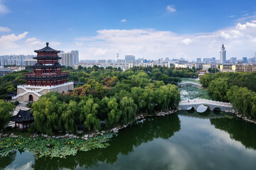Aerial View of Tranquil Pagoda Amidst Lush Greenery and Cityscape