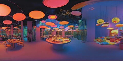 A wide-angle view of a fantastical culinary world, vibrant colors, surreal lighting, magical floating dishes