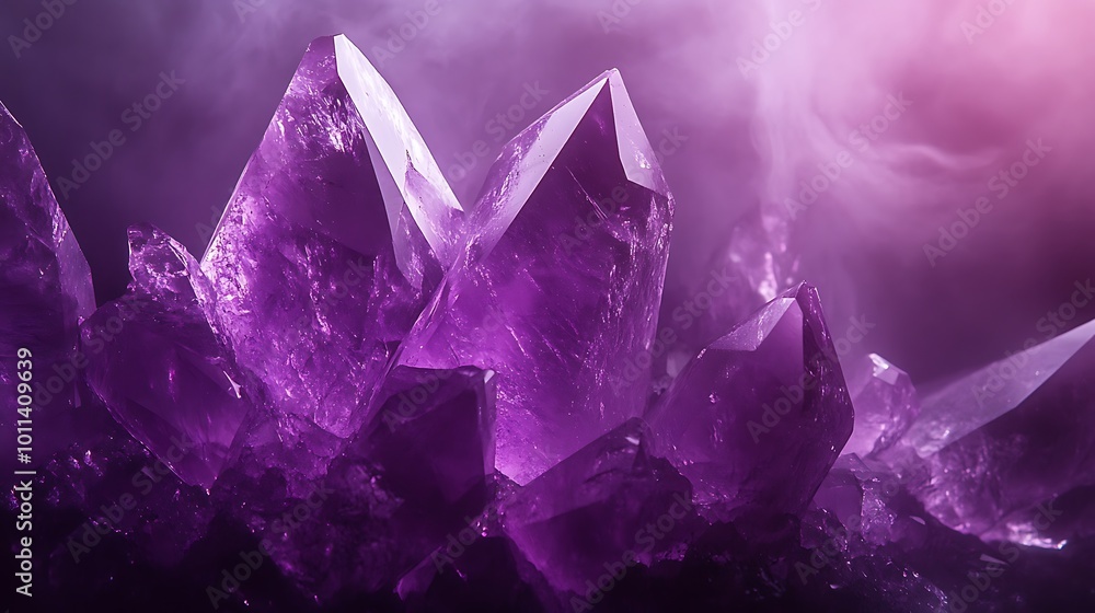 Poster a smooth, polished amethyst crystal background with a subtle texture and a large space for text