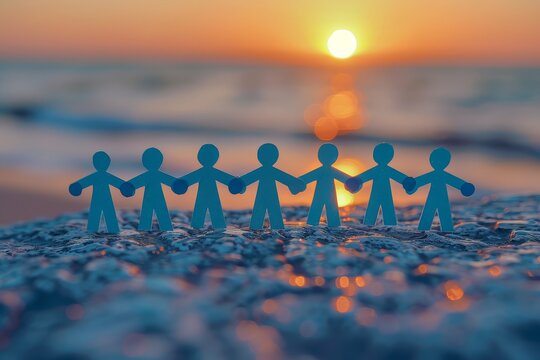 Group of blue cardboard paper figures holding hands in an arm chain on concrete, with a sunset over water in the blurred background.