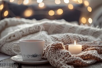 autumn scene centered around two steaming cups of coffee on a rustic wooden tray, Isolated shot of_a mug of_ a hot_ drink, in autumn
