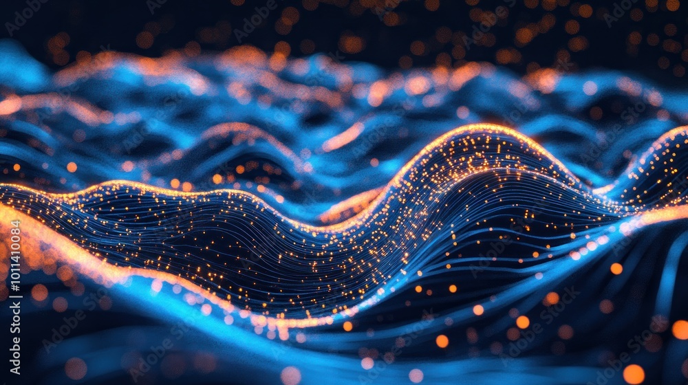 Poster abstract waves of light and particles creating a dynamic, digital landscape.