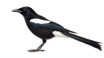 elegant black-billed magpie showcases its distinctive black-and-white feathers and impressive long tail, standing proudly on a clean white background, highlighting its beauty.