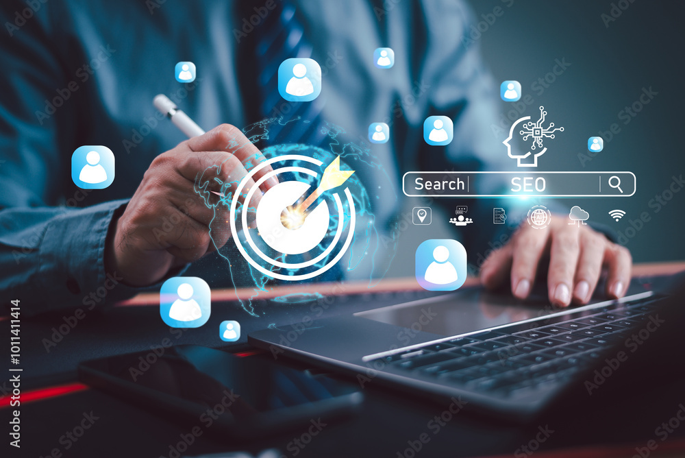 Poster seo search engine optimization concept. businessman use ai target icon, seo website to rank search e