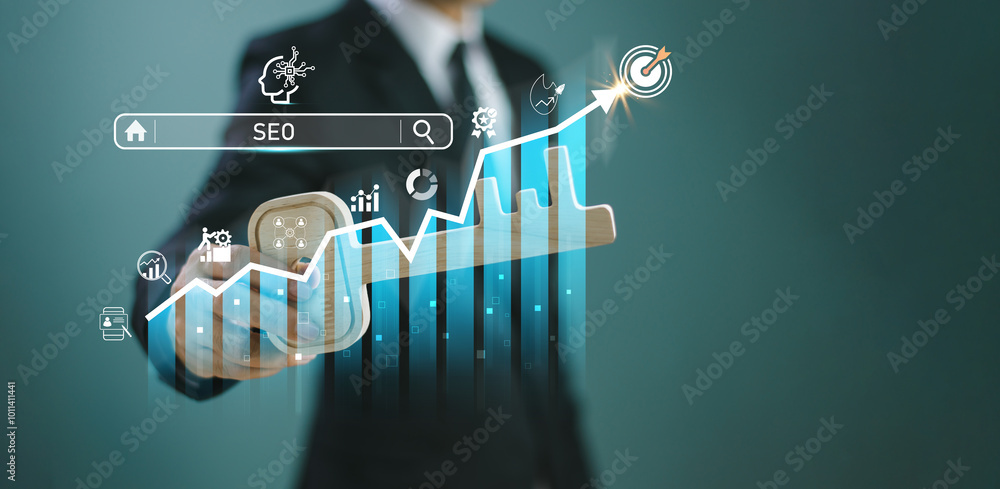 Poster seo search engine optimization concept. businessman use key success with ai chart target icon, seo w