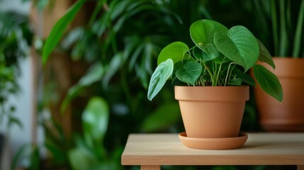 Obraz premium Potted plant with lush green leaves on wooden table, natural background.