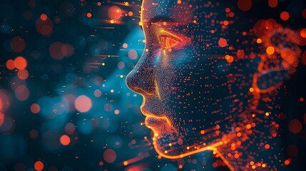 A digital human face made of colorful data points and code lines, representing the complexity behind artificial intelligence technology