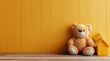 Obraz premium Teddy bear on a yellow wall with a small house shape, cozy and inviting atmosphere.