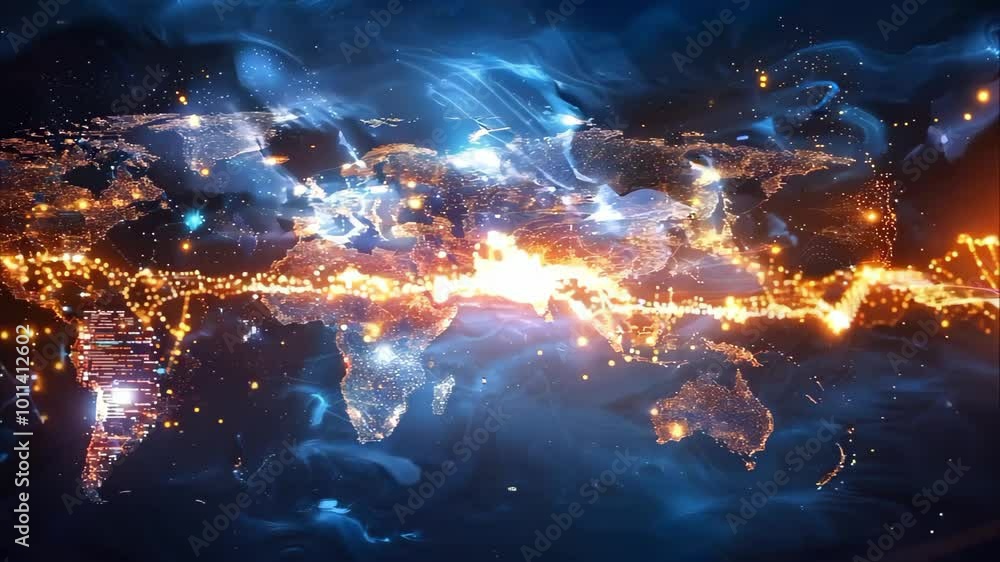 Poster a stylized map of the world with illuminated lines and vibrant colors, resembling data flow or netwo